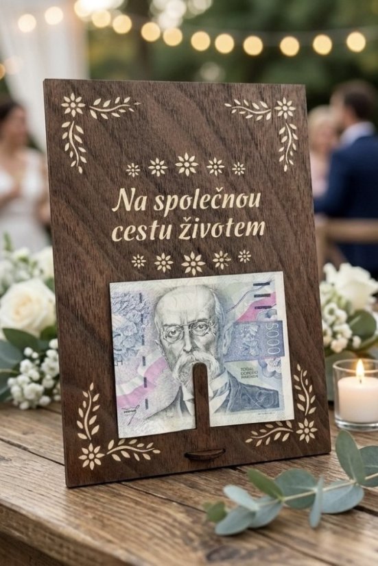 Svatební přání s dřevěnou intarzií a klipem na peníze